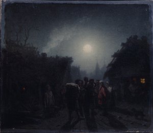 Devant une taverne. Scène de nuit, années 1860-1870 - Leonid Ivanovich Solomatkin