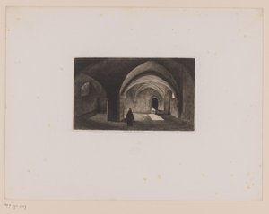 Moine dans une pièce sombre avec plafond voûté - Leopold Flameng