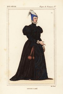 Louise Labé, La Belle Cordière, poétesse française 1526-1566. Musicienne, cavalière, archère, escrimeuse et linguiste. Lithographie en couleur d