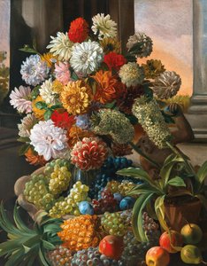 Leopold von Stoll Nature morte aux fleurs et aux raisins