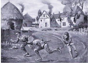 Le sergent Cooper et deux camarades se précipitent sous le feu ennemi après avoir incendié une ferme et plusieurs meules (DCM) (lithographie) - Leslie Mosley