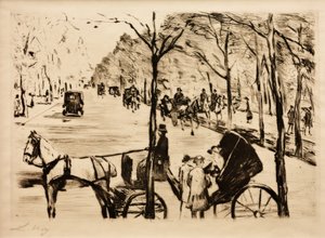 Allée dans le Tiergarten avec une calèche au premier plan - Lesser Ury