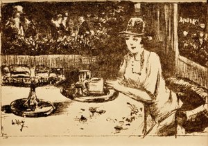 Au café. Dame à la table sur la véranda