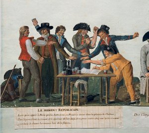 Révolution française : Le serment républicain : les citoyens jurent de leur sang de ne pas rentrer chez eux avant d