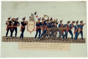 Révolution française de 1789 : des jeunes hommes apportent à la Convention de la poudre, du salpêtre qu