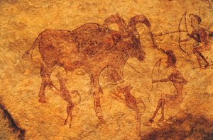 Archers, chiens et animal à sabots, peinture rupestre, Tassili n