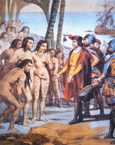 Christophe Colomb débarque dans le Nouveau Monde en 1492 et est accueilli par les Indiens Taïnos (lithographie en couleur)