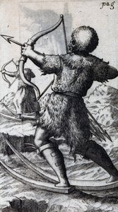 Chasseur avec arc et flèches sur des skis courts, illustration de De Calceo Antiquo, par B Balduinus - Unbekannt Unbekannt