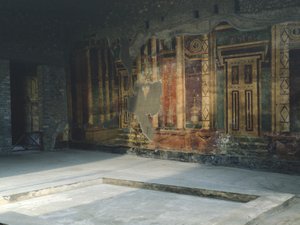 Italie, Campanie, Oplontis, Villa romaine de Poppée, Fresques avec motifs architecturaux en Second Style Pompéien