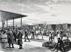 Convoi militaire russe à la gare de Bustiu, sur la ligne de chemin de fer Bucarest-Galati, guerre russo-turque, gravure, Roumanie - Unbekannt Unbekannt