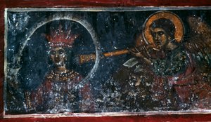 Saint jouant du cor, fresque dans l