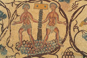 Presse à vin, détail de la mosaïque de sol avec des scènes de la vie quotidienne, Église des Saints Lot et Procope, Nebo, Khirbet al-Mukhayyat, Jordanie, civilisation byzantine, VIe siècle après J.-C. - Unbekannt Unbekannt