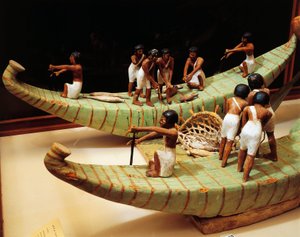 Modèle en bois de bateaux de pêche et filet (détail)
