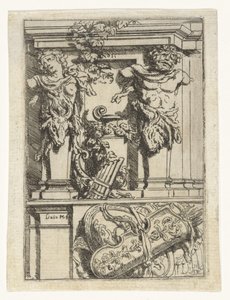 Deux cariatides, une flûte de Pan, un arc et une flèche et un bouclier - Lieven Mehus