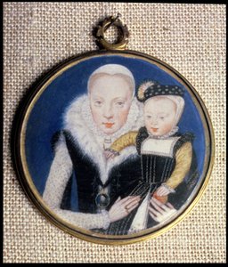 Miniature de Lady Katherine Seymour, née Grey, comtesse de Hertford, tenant son fils et portant la miniature de son mari, vers 1562 - Lievine Teerlink