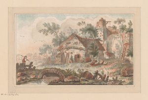Maison devant une porte de ville délabrée, avec un homme sur un pont au premier plan - Liger (attributed to)