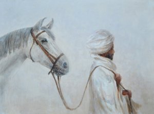 Rabari menant un cheval gris