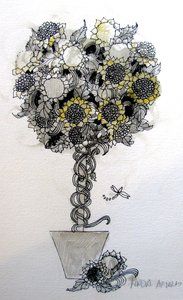 Arrangement de tournesols, 2015 (plume et encre) - linda arthurs