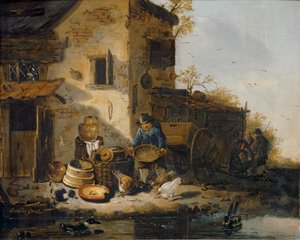 Paysan donnant à manger aux poules ... - Lionel Hamilton Renwick