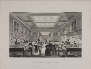 Vue de la galerie zoologique du British Museum montrant des visiteurs regardant des expositions, vers 1850 (gravure) - Llewellyn (after) Jewitt