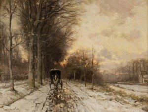 Une charrette tirée par des chevaux sur un chemin enneigé (huile sur panneau) - Lodewijk Frederik Hendrik (1850-1936) Apol