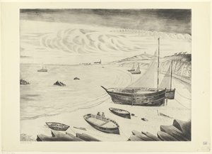 Huit navires amarrés sur une plage - Lodewijk Schelfhout (signed by artist)