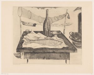 Nature morte avec poisson, bouteille et filet de pêche