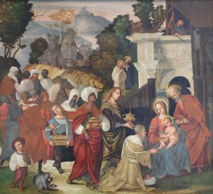 Adoration des Mages avec les saints Bernard et Alderic dans le paysage - Lodovico Mazzolino