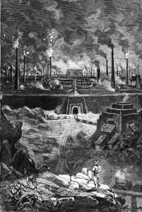 Dessin de Léon Benett, du livre de Jules Verne « Les 500 millions de la Bégum » - édition Hetzel/Voyages Extraordinaires 1879. Vue de la « Ville d