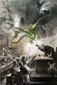 Illustration du roman de Jules Verne « Le château des Carpathes », édition Hetzel/Voyages extraordinaires 1892, dessin de Léon Benett. Le magister Hermod évoque le château avec des dragons, fées, démons, spectres, revenants...