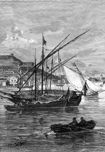 Illustration du roman de Jules Verne "Kéraban le têtu", collection Hetzel/voyages extraordinaires 1883. Dessin de Léon Benett : le port de Kertch (Crimée), sur le détroit de Iénikale, entre la mer Noire et la mer d