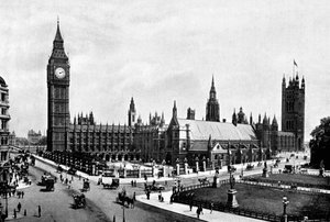 Les Chambres du Parlement et Westminster Hall vues de Parliament Square, Londres, vers 1905 - London Stereoscopic and Photographic Co