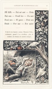 Félix, Coucher, Foin, Faisan, Feuilles, Faner, Belettes, Figues, Fraises, Fruits, Ferme, Fermier, page 19 - Alphabet par Mademoiselle Lili, par L. Froelich et par un père (Hetzel lui-même). Bibliothèque & Magasin d