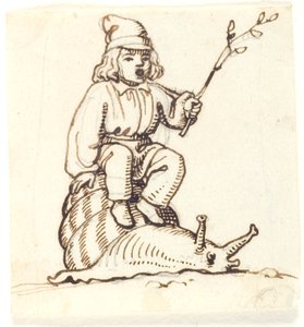 Garçon assis sur un escargot