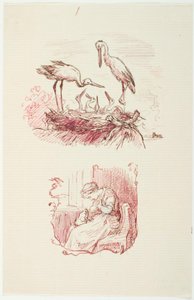 F.o.: Cigognes. F.n.: Femme assise avec une grenouille sur les genoux