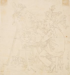 Peintre au travail entouré de fées et d