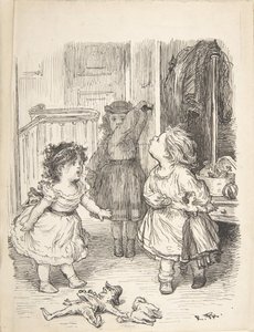 Trois petites filles dans une pièce se disputant et crachant - Lorenz Frølich