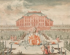 ’t Konings Huis van de Tuin-zyde, met de Fontein van Venus, in: Tooneel Der Voornaamste N - Lorenz Scherm