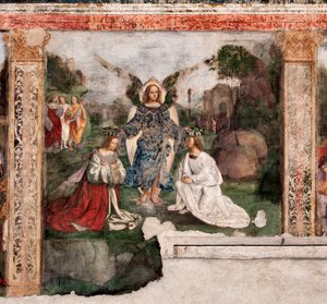 Vie de Sainte Cécile : la sainte et Saint Valérien couronnés par un ange - Lorenzo Costa