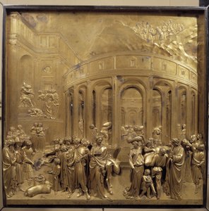 Histoire de la vie de Joseph. La récolte du blé : les paysans apportent les sacs de céréales. Panneau original de la porte du Paradis - Lorenzo Ghiberti