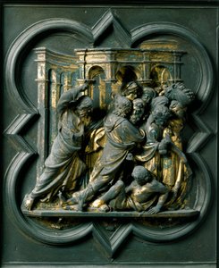 Porte Nord (appelée Porte de la Croix, au Nord), détail extérieur : Jésus chassant les marchands du Temple (détail) - Lorenzo Ghiberti