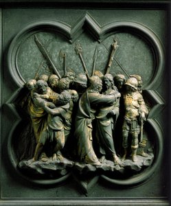Porte Nord (appelée Porte de la Croix, au Nord), détail extérieur : Le Baiser de Judas (détail) - Lorenzo Ghiberti