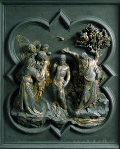 Porte Nord (appelée Porte de la Croix, au Nord), détail extérieur : « Le baptême du Christ » Sculpture en bronze réalisée par Lorenzo Ghiberti (1378-1455) - Lorenzo Ghiberti