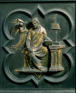 Porte Nord (appelée Porte de la Croix, au Nord), détail extérieur : Saint Mathieu. Sculpture en bronze réalisée par Lorenzo Ghiberti (1378-1455) - Lorenzo Ghiberti