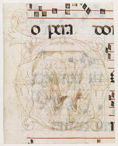 Christ lavant les pieds des apôtres dans une initiale D, fragments de texte et portées musicales - Lorenzo Monaco