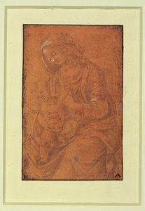 Madone. Plume argentée, rehaussée de blanc sur papier rose saumon ... - Lorenzo di Credi