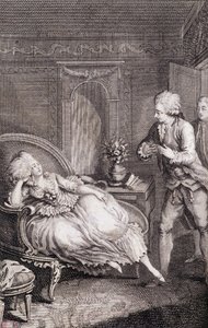 Gentilhomme déclarant son amour à une dame languissante sur une bergère - dans « Les françaises ou 34 exemples choisis dans les mœurs actuelles propres à conduire les filles, épouses, mères » par Restif de La Bretonne (1734-1806), ill. par Binet, Neufchâte