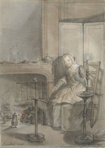 Intérieur avec une jeune femme filant de la laine