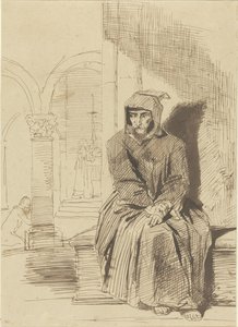 Moine assis, en méditation, tandis que la messe est célébrée en arrière-plan - Louis Boulanger