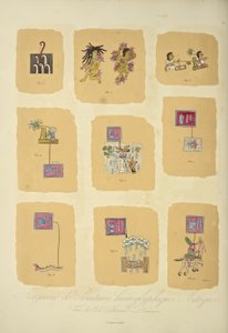 Fragments de peintures hiéroglyphiques aztèques, du Codex Telleriano-Remensis, illustration de 